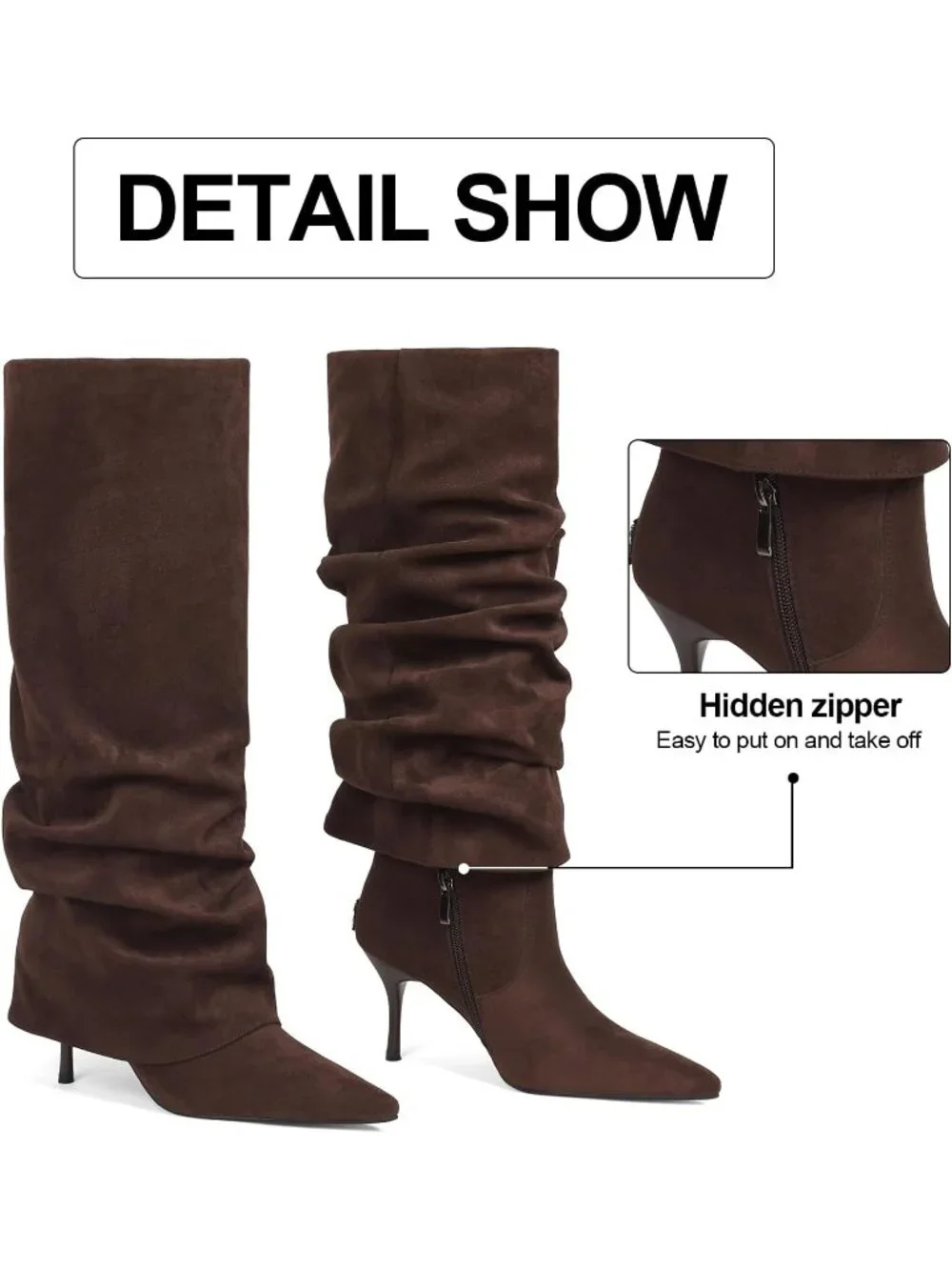 Women's Chocolate Suede Fold Over Point Shark Side Hidden Zipper Knee High Boots